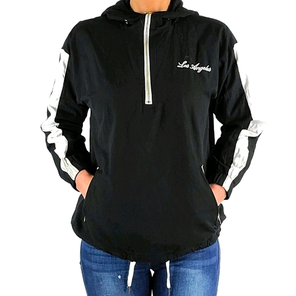 Forever 21 Quarter Zip LOS ANGELES Mesh Lined Hoodie Size Small Black White - Picture 1 of 9